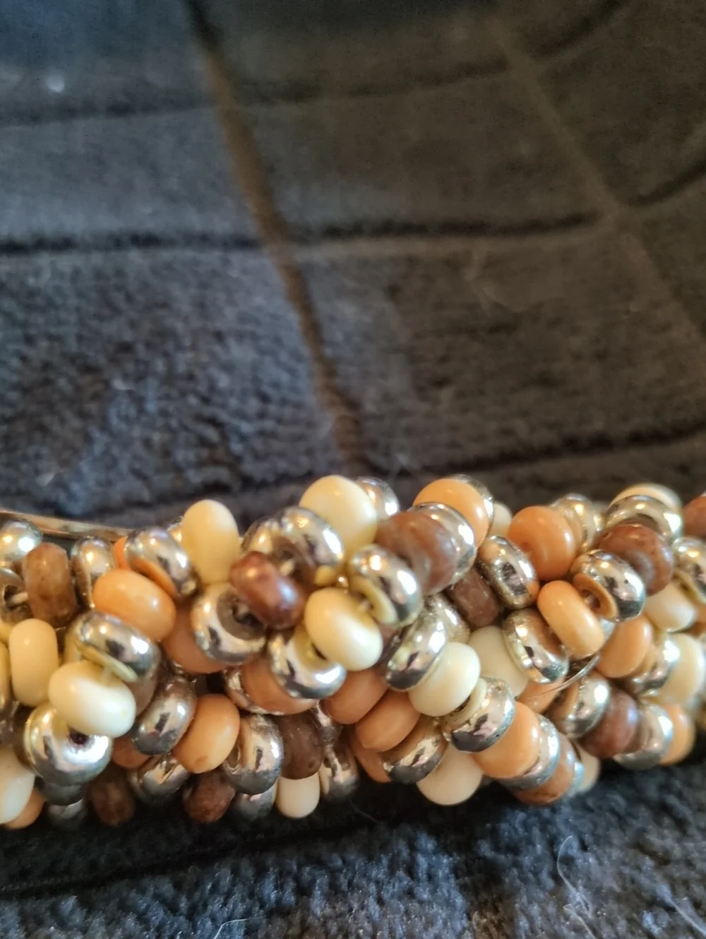 Handmade Beaded Barrette - Cream, Tan & Silver